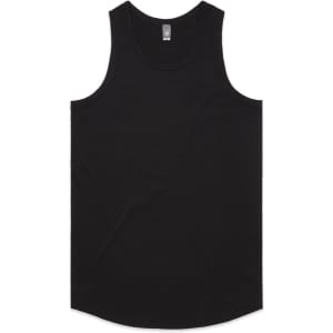 A black singlet with a rounded hem, featuring a label and no visible designs or patterns.