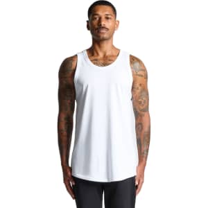A white singlet featuring a classic cut, modelled by a person with tattoos, and has a logo on it.