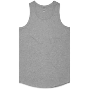 A grey singlet with a rounded hem and a label inside. It features a logo on the back.