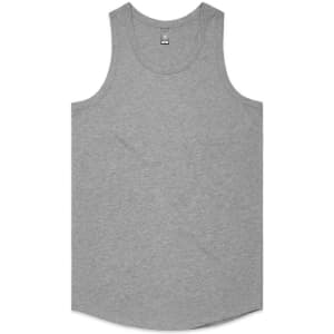 A grey singlet with a round neckline and a branding label. Suitable for casual wear.