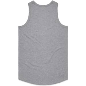A grey singlet with a smooth texture, showcasing a sleeveless design and a rounded hem. It has a logo present.