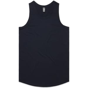 A navy blue singlet, featuring a rounded hem and no sleeves, with a logo on the neckline.