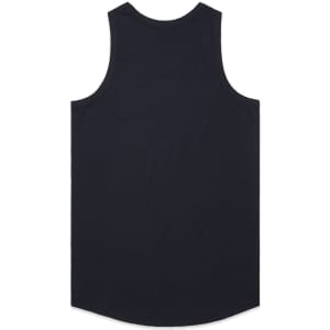 A black singlet featuring a round neck and a curved hem, with a branding logo on the back.