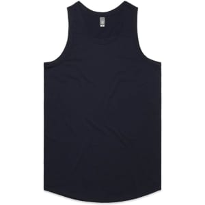 A navy singlet with a round neckline and a plain design, featuring a brand logo.