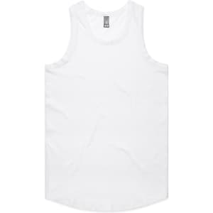 A white singlet with a rounded hem and a logo on the label.