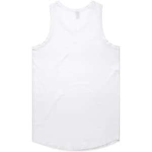 A white singlet with a rounded hemline, featuring a logo on the back.