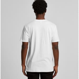 A white organic t-shirt is displayed from the back, featuring a simple design and a logo.