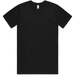 A black organic t-shirt with a crew neck and short sleeves, featuring a logo on the tag.