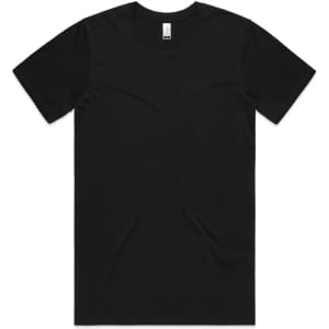 A black organic t-shirt with short sleeves and a round neck. It features a logo on the inside label.