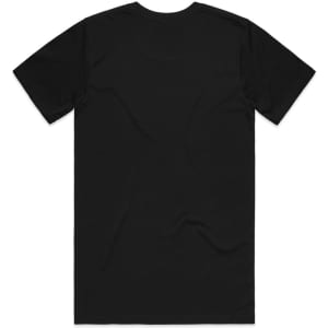 A black organic t-shirt with short sleeves and a plain back. Features a logo on the label.