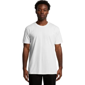 A plain white organic T-shirt with a standard crew neck design, featuring a branding logo.