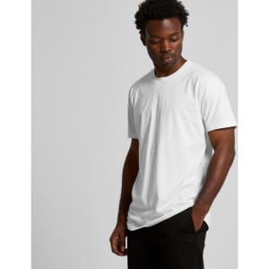 A plain white organic T-shirt displayed on a model, featuring a logo on the sleeve.