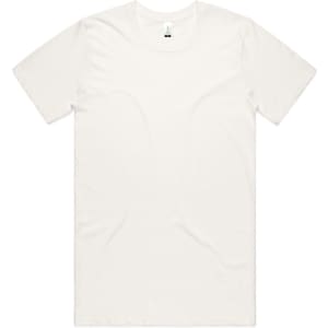 A plain white organic t-shirt featuring a logo on the inner label.