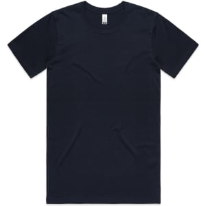 A navy blue organic T-shirt with short sleeves and a round neck. It features a logo on the neckline.