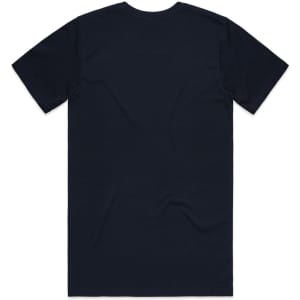 A plain navy blue organic t-shirt with a back view, featuring a logo on the label.