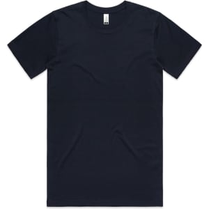 A navy blue organic t-shirt with short sleeves and a branding label on the neck.