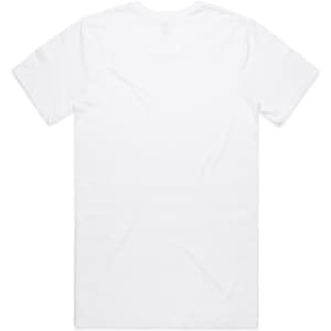 A white organic t-shirt with a plain back, featuring a logo on the label.