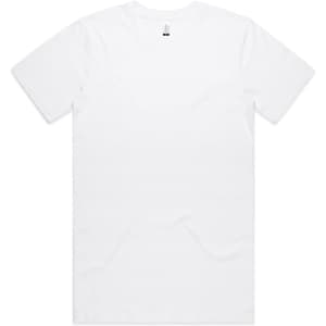 A white organic t-shirt displayed flat, featuring a round neckline and short sleeves. The shirt has a branded label.