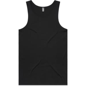 A black singlet featuring a simple design and a logo, made from lightweight material.