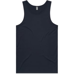 A navy blue singlet with a simple design, featuring a logo on the upper section.