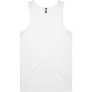 A plain white singlet featuring a logo at the neckline, made from a smooth fabric.