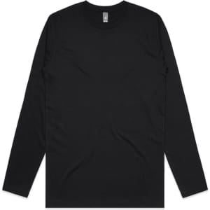 A black long-sleeve T-shirt featuring a round neckline and one logo.