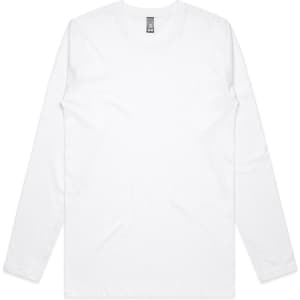 A long-sleeve white T-shirt with a crew neck and a label at the collar. It features a logo.