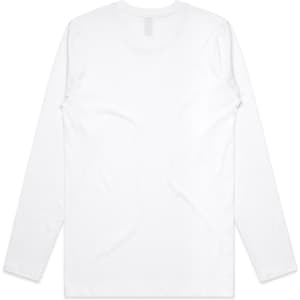 A white long-sleeve T-shirt with a simple design and a logo on the back.
