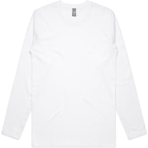 A white long-sleeve T-shirt with a logo on the label. Simple and classic design.