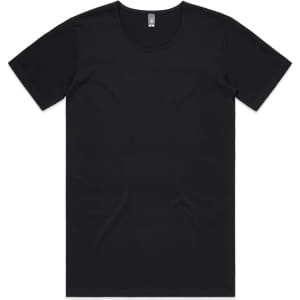 A black T-shirt featuring a round neck and short sleeves. It has a logo at the neckline.