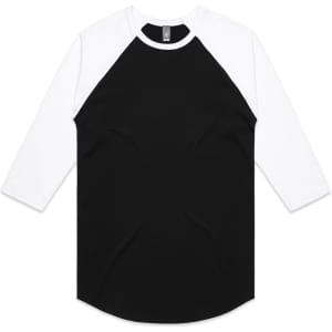 A black and white raglan tee with three-quarter sleeves and a label at the neckline.