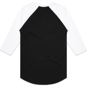 A black and white raglan tee with three-quarter sleeves and a round hem, featuring a logo on the back.