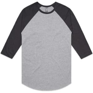 A raglan tee in grey with dark grey sleeves. The shirt has a round neckline and long sleeves.