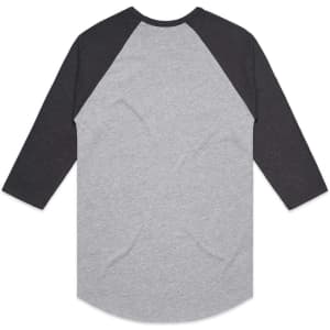 A grey and black raglan tee with three-quarter sleeves, featuring a smooth back design and a logo.