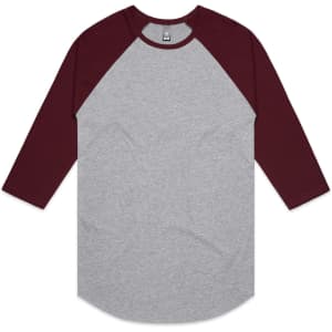 A grey and burgundy raglan tee with three-quarter sleeves, featuring a logo on the label.