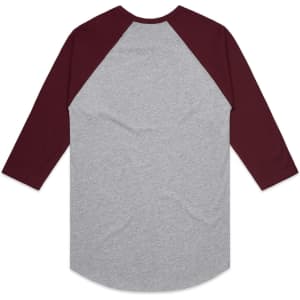 A grey raglan tee with burgundy sleeves and a curved hem, featuring a logo on the back.