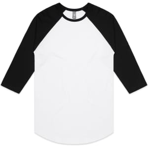 A raglan tee featuring a white body with black sleeves, designed with a round neckline and a logo.