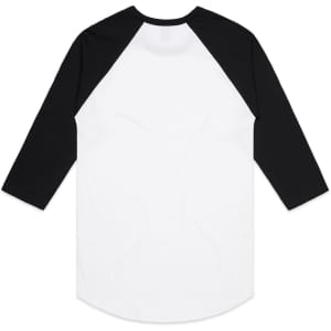 A raglan tee featuring a white body with black sleeves. The back view showcases the contrasting colours and a logo.