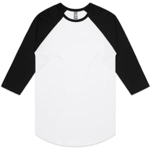 A Raglan Tee featuring a white body with black three-quarter sleeves and a round neckline. It has a brand logo.