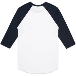 A raglan tee featuring a white body with navy blue sleeves. The back view showcases a classic design with a curved hem.