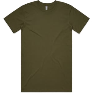 An olive green t-shirt with a plain design and a small logo on the neckline.