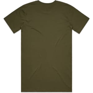 An olive green T-shirt with short sleeves and a plain back, featuring a logo at the neckline.