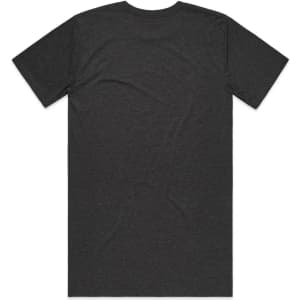 A dark grey T-shirt with a crew neck and short sleeves, featuring a logo on the back.