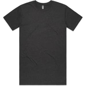 A dark grey T-shirt with a simple design and a logo on the label.