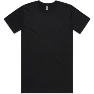 A black T-shirt with a round neckline and short sleeves, featuring a logo on the inside label.