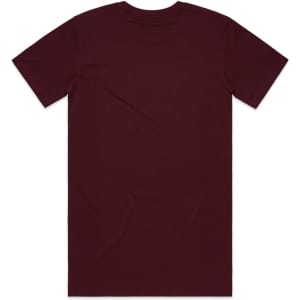 A maroon T-shirt with short sleeves and a plain back. The shirt features a logo or branding.