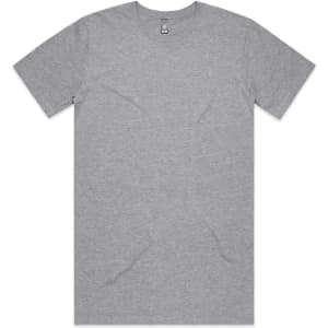 A grey T-shirt featuring short sleeves and a crew neck design, with a logo on the inside label.