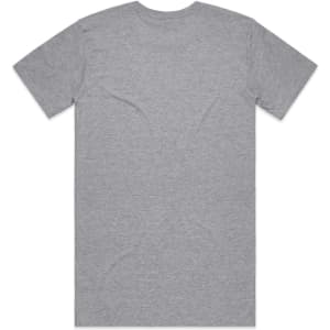 A grey t-shirt featuring short sleeves and a simple design, with a logo on the back.