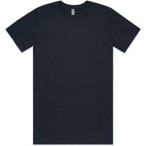 A plain, dark navy T-shirt with short sleeves, featuring a simple design and a label at the neckline.