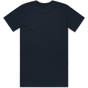 A dark navy T-shirt with short sleeves and a plain back, featuring a branding logo.